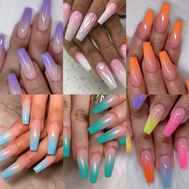 TEMU Rainbow French Ballet Press-on Nails Gradient Coffin False Nails Summer Colorful Extra Long False Ballet Nails Yellow Nude Reusable