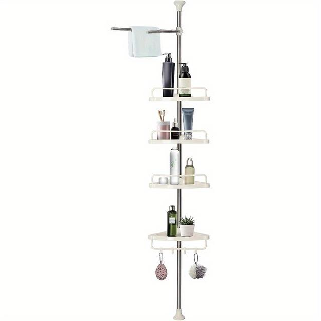 TEMU Telescopic 4-tier Shower Caddy Corner Shelves, Bathroom Shower Storage Shelves, Bathroom Storage Organiser With 4 Trays, 4 Hooks, 1 Towel Bar – Adjustable 110 To 305 Cm