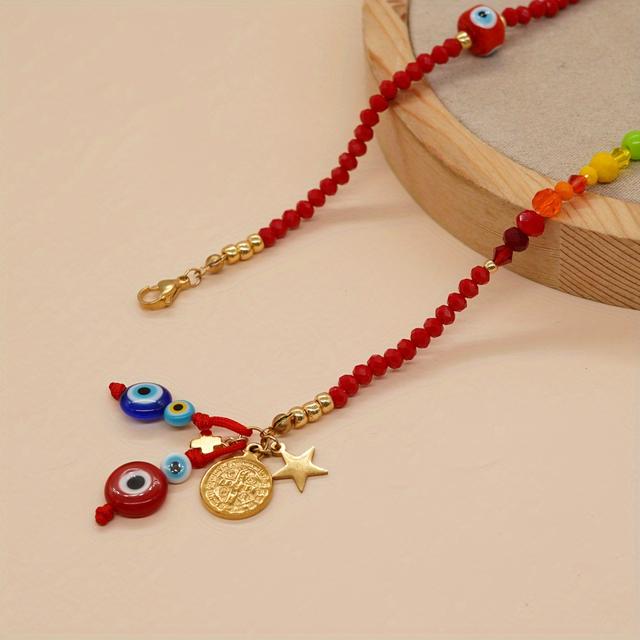 TEMU 1pc Bohemian Crystal Evil Eye Pendant Necklace - Colorful Bead Unisex Jewelry For , Casual Attire & Halloween Gift, Boho Accessory