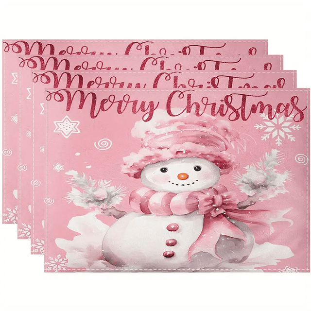 TEMU 4pcs Pink Snowman Christmas Placemats - Suitable For Home, Hotel, Banquet And Festival Decoration - Machine Washable And - Made Of Polyester Fabric