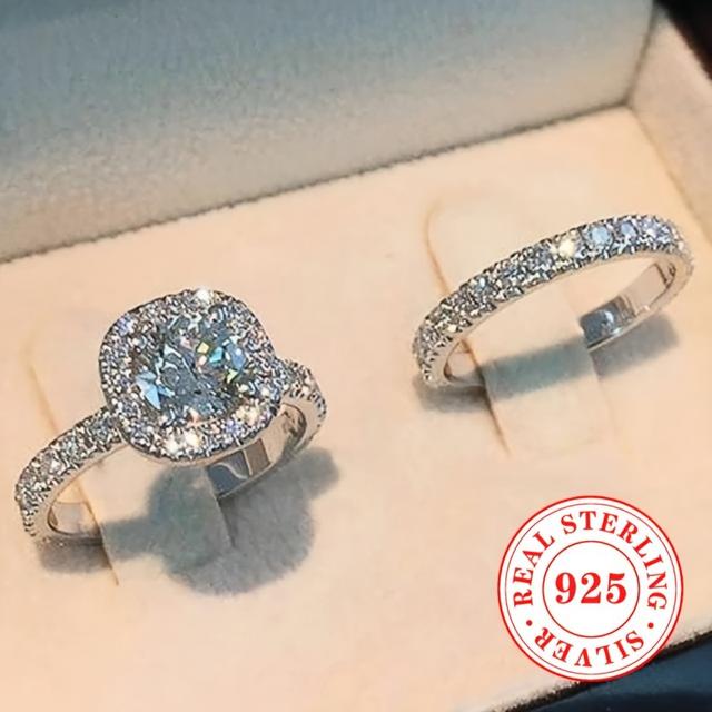 TEMU A Pair Of Valentine's Day 2pcs Women's Rings, 4.9g 925 Sterling Silver, Classic Four-claw Single Zirconia Wedding Banquet Ring Set, Elegant And Luxurious April Birthday Jewelry, Suitable For All