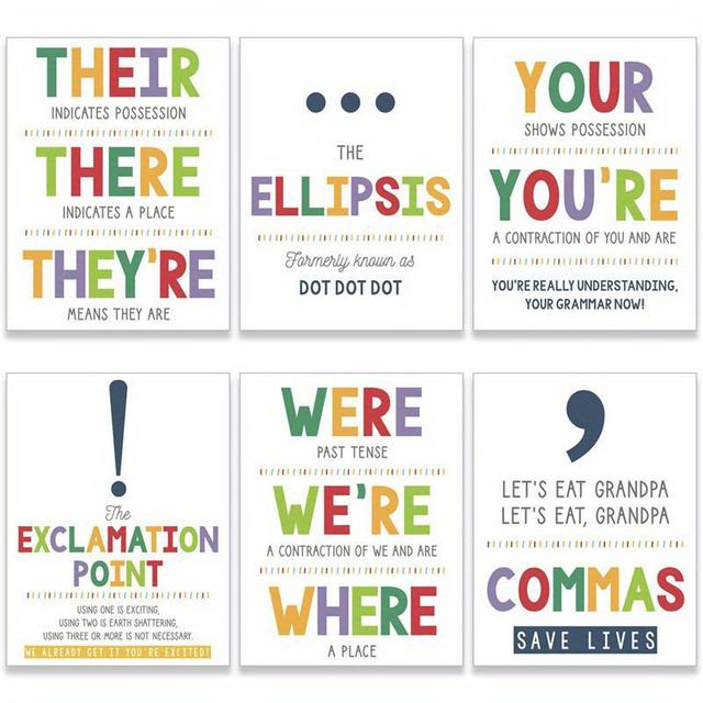 TEMU Grammar & Poster Set Of 6 - Educational Classroom Decor For High School English Teachers, Home Office Wall Art, Unframed 8x10 Inches, Room Decor