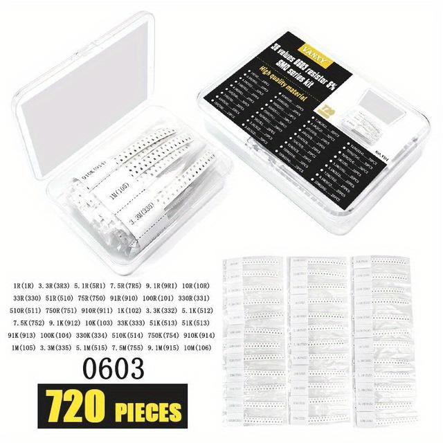 TEMU 720pcs Smd Chip Resistor Kit - 5% Tolerance, 36 Values (1r~10m), Ideal For Electronics & Industrial Use