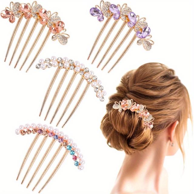 TEMU 4 Pieces Pearl Ladies Side Comb, Crystal Hair Clips, Decorative Comb, Tooth Hair Clips, French Curls Ladies Vintage Hair Accessories