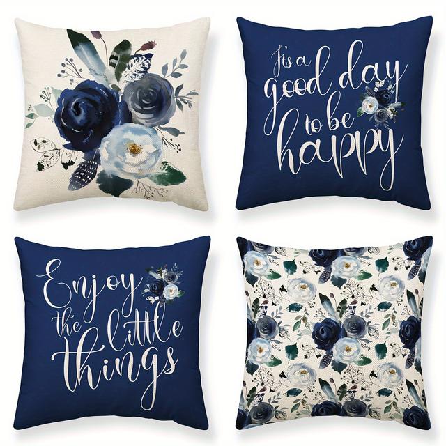 TEMU 4pcs Bohemian Style Blue Rose Pattern Throw Pillow Covers - Home Sofa Bedroom Seat Decorations - Durable Outdoor/ Indoor Decor, Soft And Stylish, No Pillow Core