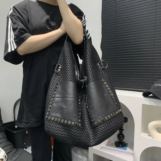 TEMU Damen Schultertasche mit großem Fassungsvermögen, stylische Mesh-Splitting-Tasche.