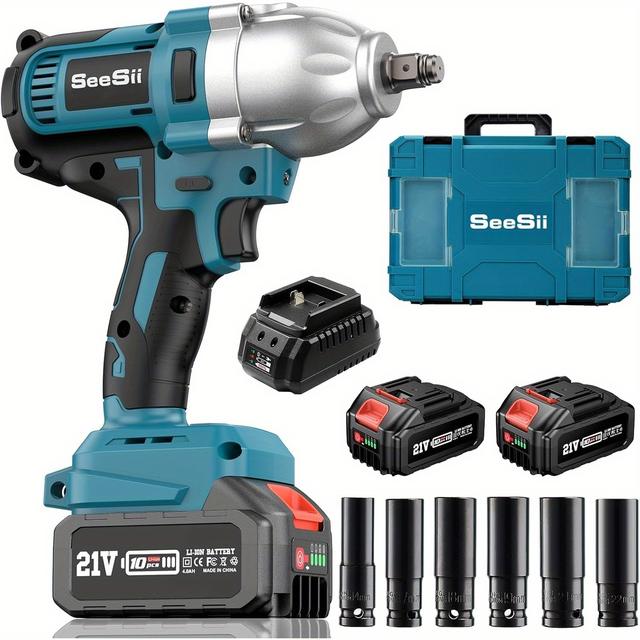 TEMU Seesii Battery Impact Wrench 800 N.m, 1/2 Inch Brushless Impact Wrench With 2pcs 4000mah Batteries, 3- With Function, Used For Truck And Car Tire Replacement And Loosening Wheel Nuts, 6 Sockets