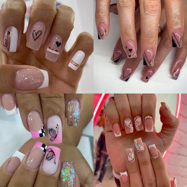 TEMU French Tip Nails With Glitter Golden Glitter Lines -96pcs (4 Pack) Of Acrylic Heart Fake Nails For Women & Girls