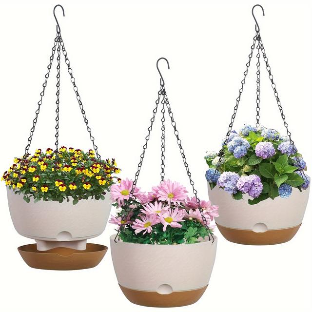 TEMU 3pcs Premium Hanging Planter Set - 8" Large Capacity With Drainage, Chain & Removable Tray For - Indoor/outdoor Garden, Porch, Balcony Decor - Easy Assembly