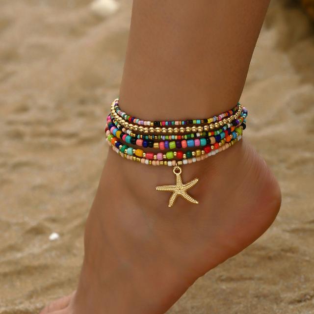 TEMU Boho-chic Starfish Pendant Anklet With Colorful Beads - Vintage Alloy Beach Foot Jewelry, Perfect Gift For Her