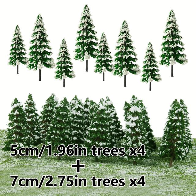 TEMU 8pcs Miniature Cedar Pine Tree Models For Diy Christmas Decor – Realistic Snow-covered Plastic Trees For Handmade Holiday Landscapes, Architectural Designs, And Window Displays