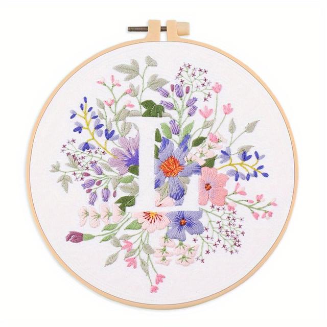 TEMU 1 Piece Of 24 English Letters, A Beginner's Embroidery Kit For -stitching, Suitable For Adults, Includes Fabric With Floral Designs, An Embroidery Hoop, Threads, Needles, And Instructions