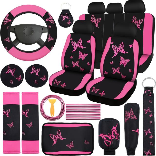 TEMU Pink Car Seat Cover Set: 5 Seats, For Front And Rear Seats, Wristbands, 2 Coasters, Armrests, 2 Seat Belt Covers - For Suv, Full Car Seat Covers