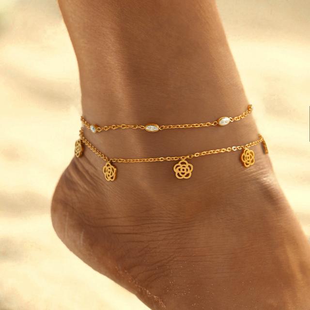 TEMU Chevillère Élégante en Acier Inoxydable avec & Pendentif - Hypoallergénique, Design Multicouche pour Femmes | Parfait pour , les Fêtes &