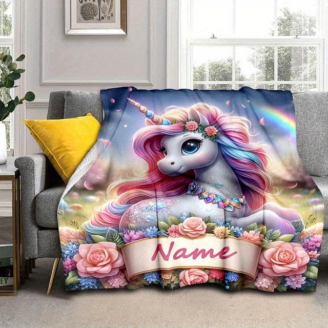 TEMU Custom Name Printed Blanket Cute Unicorn Blanket Personalized Soft Warm Blanket For Bed Sofa Bedspread Picnic Blanket Christmas Halloween Gifts