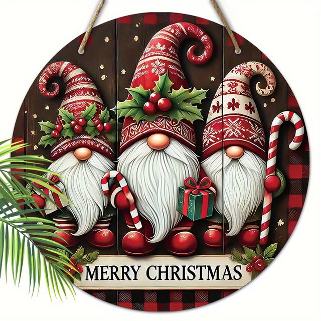 TEMU Merry Christmas Gnome Candy Box - 7.9" Round Wooden Hanging Sign With White Beards, Wall Or Door Decor, Outdoor & Party Ambiance, Includes Hemp Rope