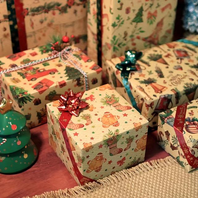 TEMU 6pcs Vintage Yellow Christmas Gift Wrap Set With Reindeer & Tree Designs - Holiday Presents, Birthdays & Party Favors Gift Wrapping Accessories