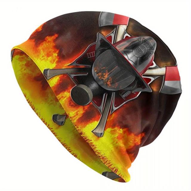 TEMU Gorra de punto de bombero para hombres, gorro de estilo funky con diseño de fuego y casco, mezcla de poliéster-elastano elástica