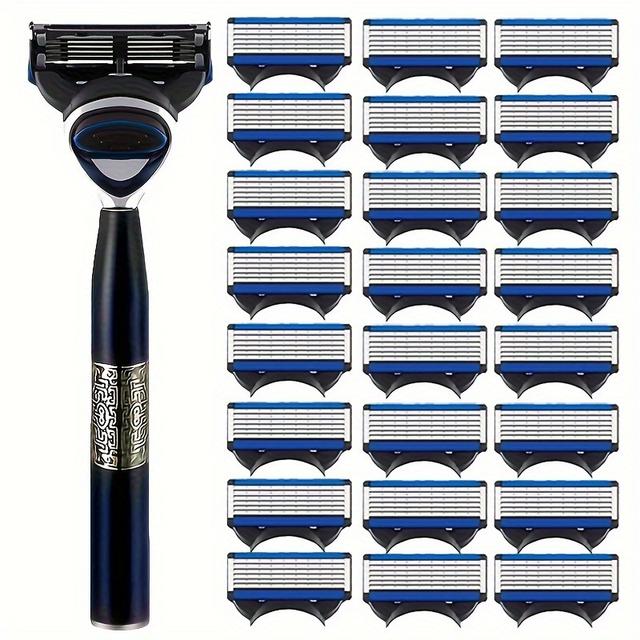 TEMU Classic 6-layer Manual Men's Metal Shaver With 1 Handle And 24 Blades - Smooth, Tight, And Comfortable To Remove Hair, Valentine's Day Must-have Gift