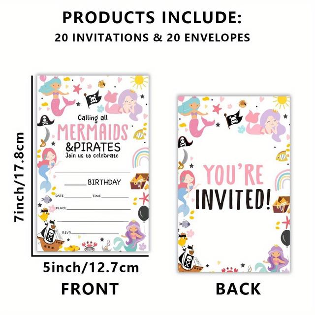 TEMU 20 Pcs. Mermaid & Pirate Themed Birthday Invitations With Envelopes - Boys And Girls Parties