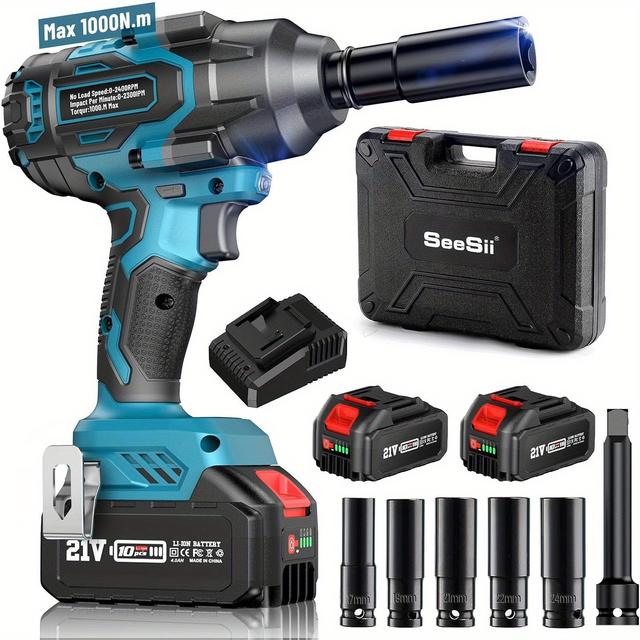 TEMU Seesii 1000 Nm Clé D'impact De Batterie 8000 MAh, 1/2 Clé D'impact Brosse Avec 2 Batteries Ah, Chargeur Rapide, 5 Douilles, Clé D'impact Rotative Pour Couchage Automobile