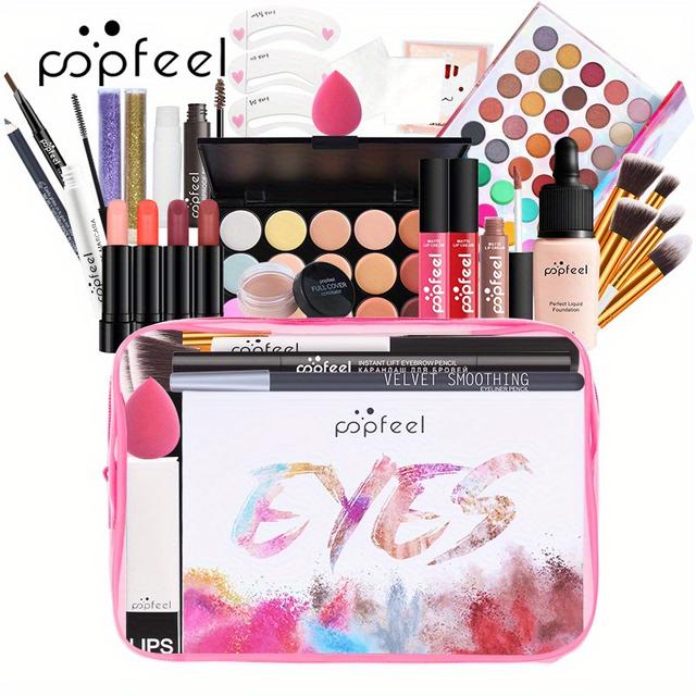 TEMU Christmas Gift - Girls' Makeup Set Series: Eye Shadow, Lip Gloss, Eyebrow Pencil, Powder Puff, Etc., Gift Box For Beauty Tools, Suitable For Girls' Holiday Gifts