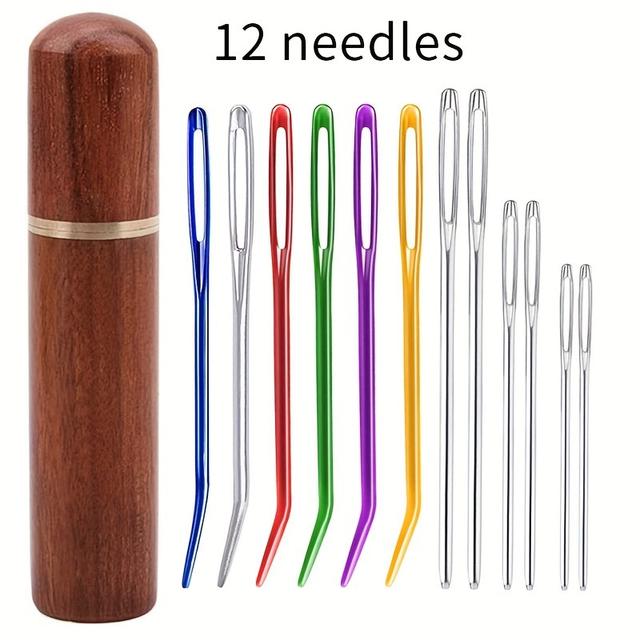 TEMU 12pcs Large Eye Blunt Needle Set, Curved Needles, Knitting & Sewing Needles, Hand Knitting Needles For Crochet Projects - Mixed Colors, Durable Wooden Storage Case