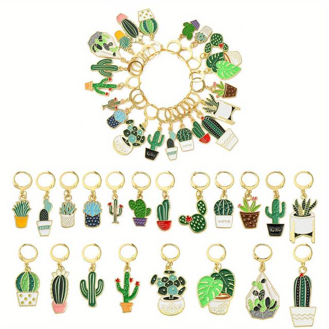 TEMU 20pcs Cactus Enamel Alloy Markers, Assorted Crochet & Knitting Charms, Locking Weaving Sewing Accessories For Quilting And Jewelry Crafting