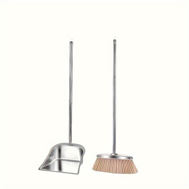 TEMU 1 Set Stainless Steel Broom And Dustpan, Durable, Beveled For Corner Cleaning, Simple Broom Set, Floor Cleaning Tool, For Home Office School Dorm, Cleaning Supplies, Cleaning Gadgets