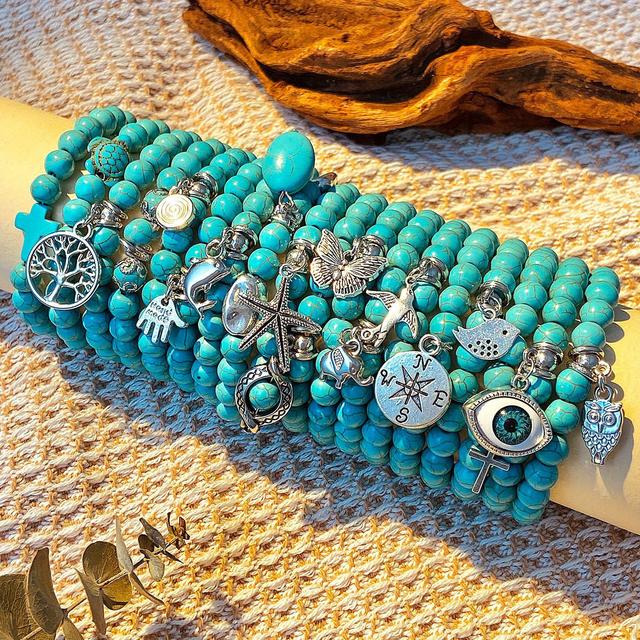 TEMU 18pcs Bohemian Natural Turquoise Beaded Bracelet Sets For Women, Summer Beach Starfish Turtle Turquoise Bracelet, Charm Ethnic Style Bohemian Jewelry Gift For Men Women