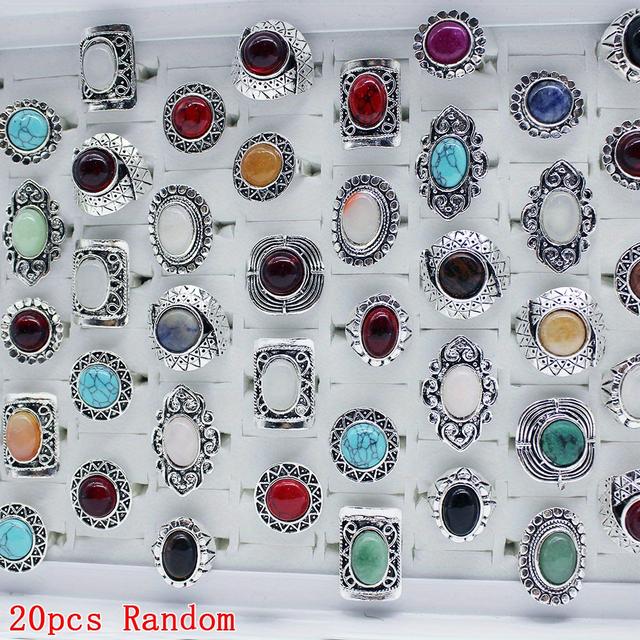 TEMU Vintage Bohemian Style 20 Pcs Women Men's Rings With Turquoise Stones And Alloy Bands Open Adjustable Ring, Birthday, Party, Engagement And Anniversary Gift