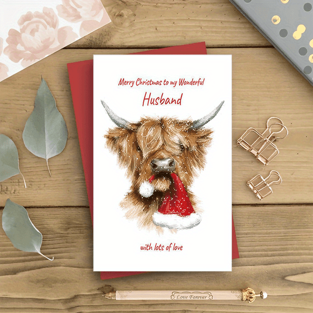 TEMU Highland Cow Christmas Card With Santa Hat - Family & , Holiday Greeting Stationery, Best For Christmas