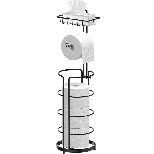 TEMU Huahong Standing Toilet Paper Holder – No Drilling Required, Modern Metal Paper Roll Holder – Toilet Paper Holder With Shelf – For / Phone, Black