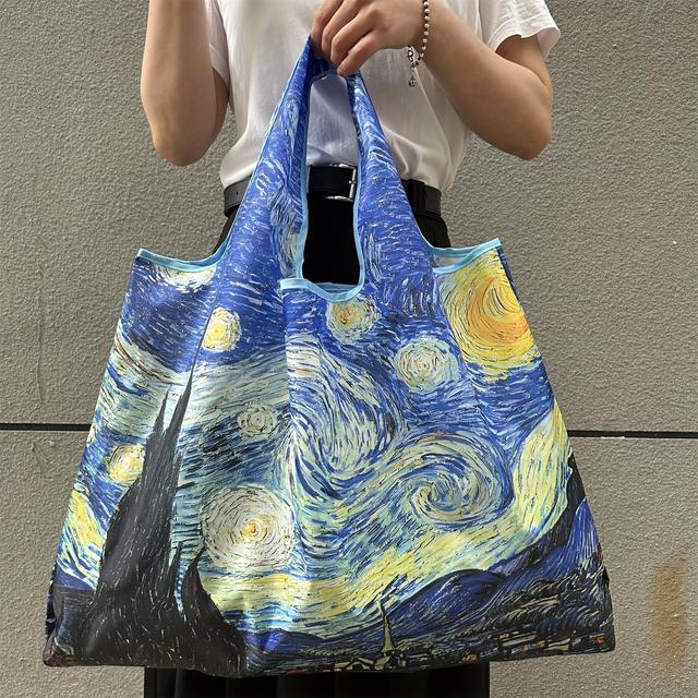 TEMU Extra Large Capacity Tote Bag - Lightweight, Reusable, Foldable, And Portable With Stylish Starry Night Oil Painting Design (grocery Shopping, Travel & Daily Use!)