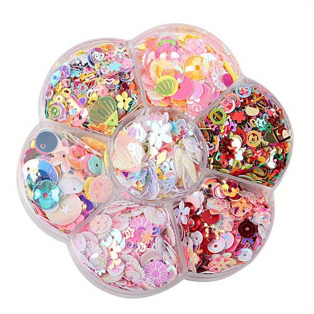 TEMU Colorful Iridescent Sequins Craft Assortment - 7 Compartments Plastic Diy Jewelry Making Kit With Mixed Shapes For Embellishments And Sewing Supplies