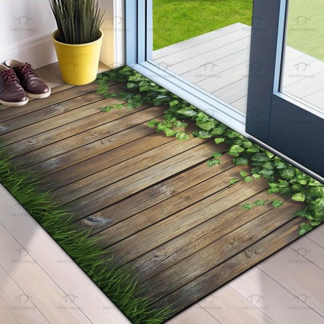 TEMU 1 قطعة سجادة ترحيب على الباب بنمط خشبي وتنجان، مضادة للانزلاق وقابلة للغسل، سجادة متعددة الاستخدامات متينة، مناسبة للمداخل والفناء والشرفات وغرف الغسيل والحمامات، تزيين الفناء المنزلي