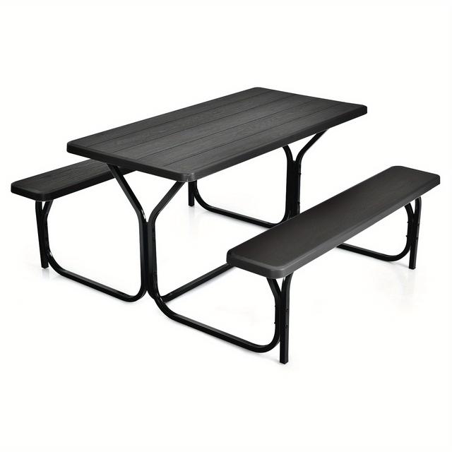 TEMU Multigot Picnic Table Bench Set, 4.5 Ft Heavy-duty Outdoor Dining Table & 2 Benches W/ Stable Metal Frame & Hdpe Tabletop, 4-person Large Picnic Table For Patio Garden Deck Backyard Poolside