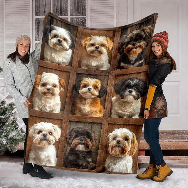 TEMU Shih Tzu Flannel Blanket - All- Fleece For Bed, Sofa, Car, - Dog Pattern Blanket For Shih Tzu