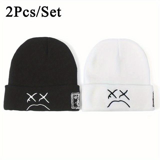 TEMU Set Of 2 Stylish Men's Knit Caps With Humorous Face Embroidery, Brimless Design For Couples, Ideal For Outdoor Casual Wear, Warm Knit Hat For All Genders