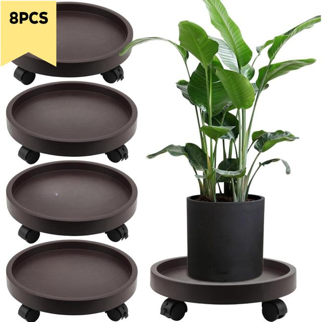 TEMU 8pcs Set Of 11.42-inch Circular Plant Rack With 4 Lockable Wheels, Heavy-duty Rolled Plant Rack With Large Capacity, 11.42-inch Indoor And Outdoor Flowerpot Wheel Flowerpot Tray Cart, Brown