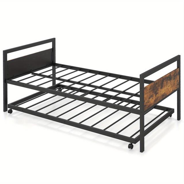 TEMU Maxmass Metal Daybed With Trundle, Twin Sofa Bed And Pull-out Trundle W/ Metal Slats Support & Rustic Wood Grain Headboard, Space Saving For Living Room , Easy , Spring Needed