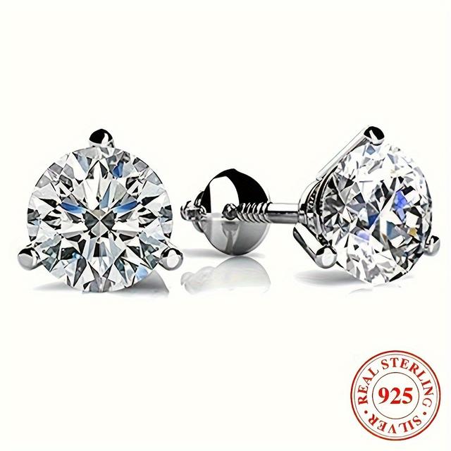 TEMU 1pair 925 Sterling Silver Round Cubic Zirconia Stud Earrings For Men, Screw Back Earrings, Valentine's Day Engagement Jewelry Gift