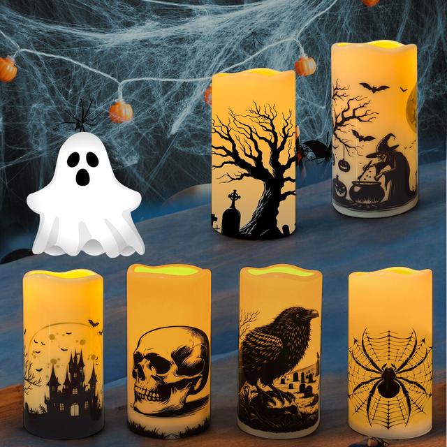 TEMU 6 Pieces, Halloween Themed Led Candles, Crow, , , Castle Stickers, Halloween Flashing Candles, Halloween Decorations, Battery Powered Led Candles, Spooky Decoration With Remote Timer