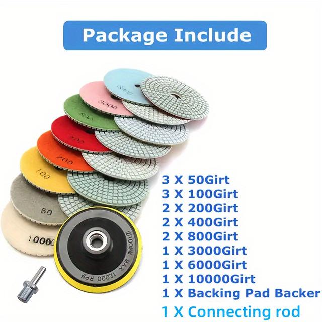 TEMU Zestaw 17 Diamentowych Podkładek Polerskich do Granitu, Kamienia, Betonu i Marmuru - Nieelektryczny Zestaw do Szlifowania i Wykańczania