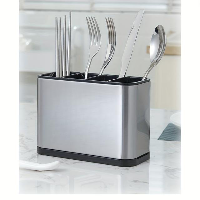 TEMU 1pc Stainless Steel Flatware Organizer , 4-compartment Cutlery , Kitchen Utensil For , , Knives & , Metal Utensil Storage Features