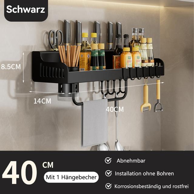 TEMU Gewürzregal, Küchen Organizer Set, Hängeregal Küche mit 10 Haken, Kühlschrank Organizer, Edelstahl Regal, Gewürzhalter, Wandregal ohne Bohren, 40/60cm Ablage, für Küche, Schwarz