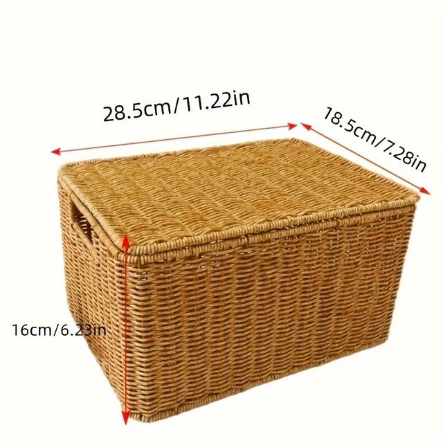 TEMU Bohemian Plastic Weave Storage Box With Lid - Rectangular Basket Suitable For Picnic, Kitchen,,, Bathroom & Organization - Multi- Woven Container