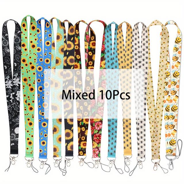 TEMU 10pcs Set Bee & Sunflower Fashion Lanyards - Detachable Neck Straps For Keys, Id Badges, Credit Cards & Phone Charms