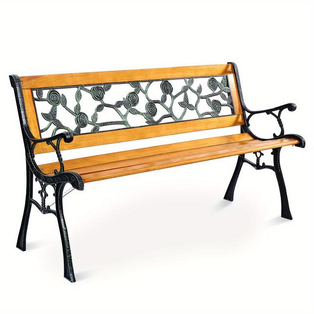 TEMU Multigot 49 1/2" Patio Park Garden Porch Chair Bench Cast Iron Hardwood Rose