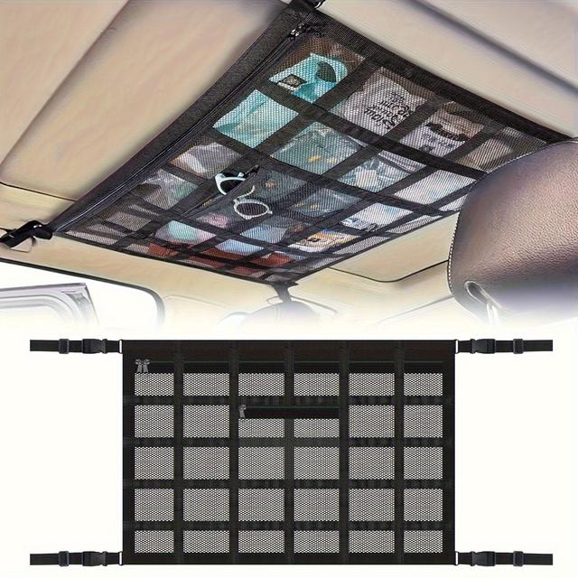 TEMU 2pcs Car Ceiling Cargo Net Pocket, 90x65cm/35.4"x25.6" Strengthen Load-bearing And Less Mesh Car Roof Storage Organizer, Truck Suv Travel Long Road Trip Camping Interior Accessories